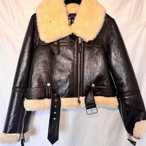 Urban Outfitters Black and Cream Shearling Leather Jacket